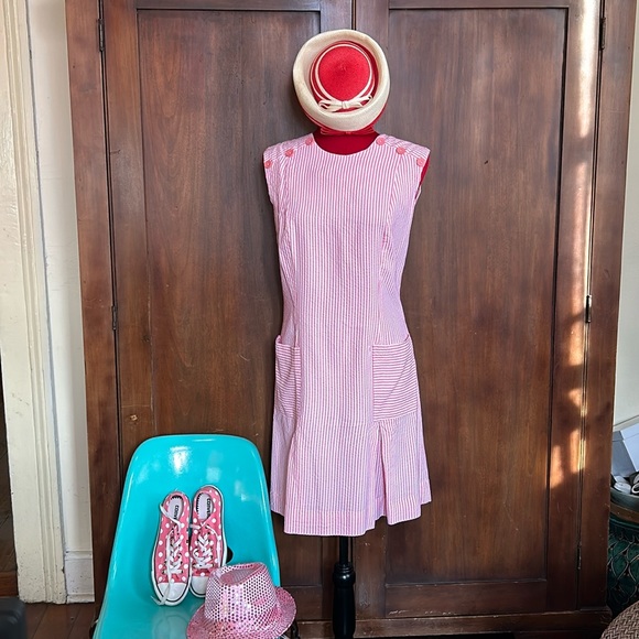 60s 70s Seersucker Candystripe Shift Dress M - Picture 7 of 9